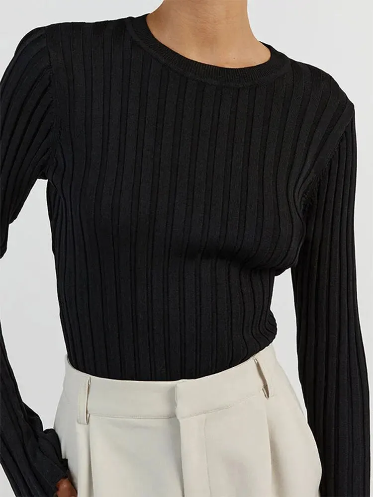 Basic Crew Neck Long Sleeve Ribbed Tops