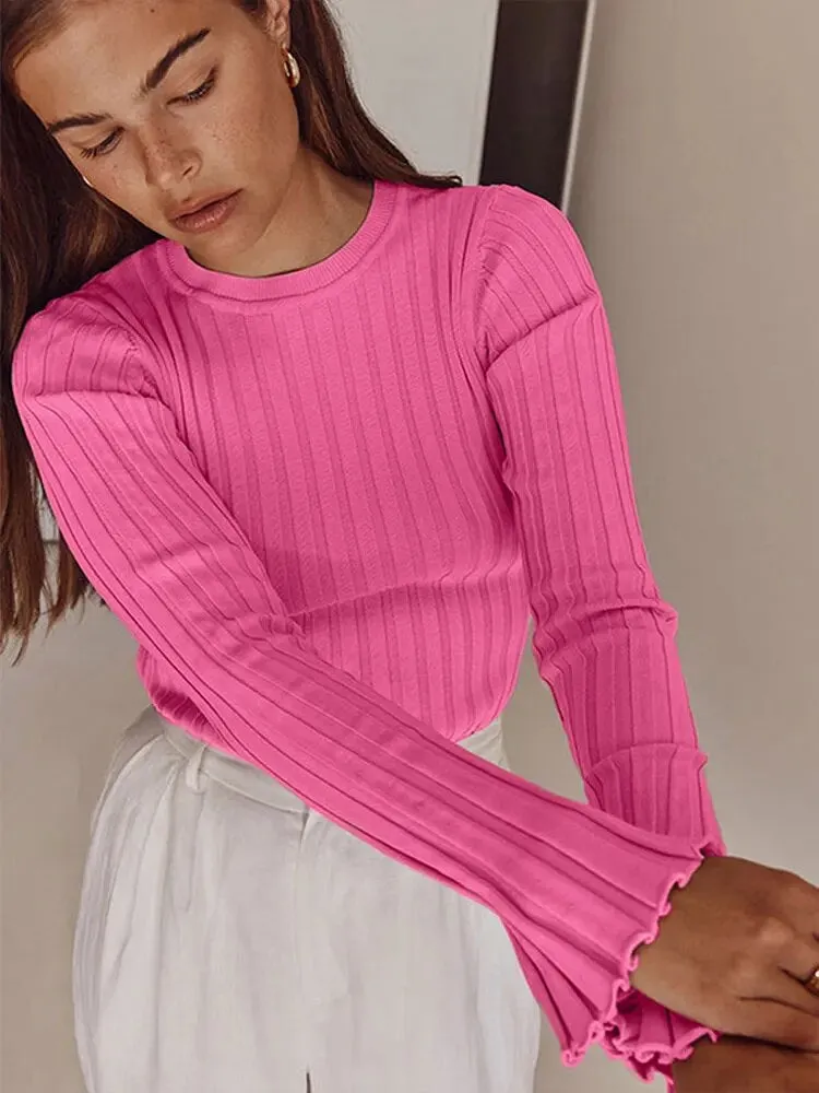 Basic Crew Neck Long Sleeve Ribbed Tops