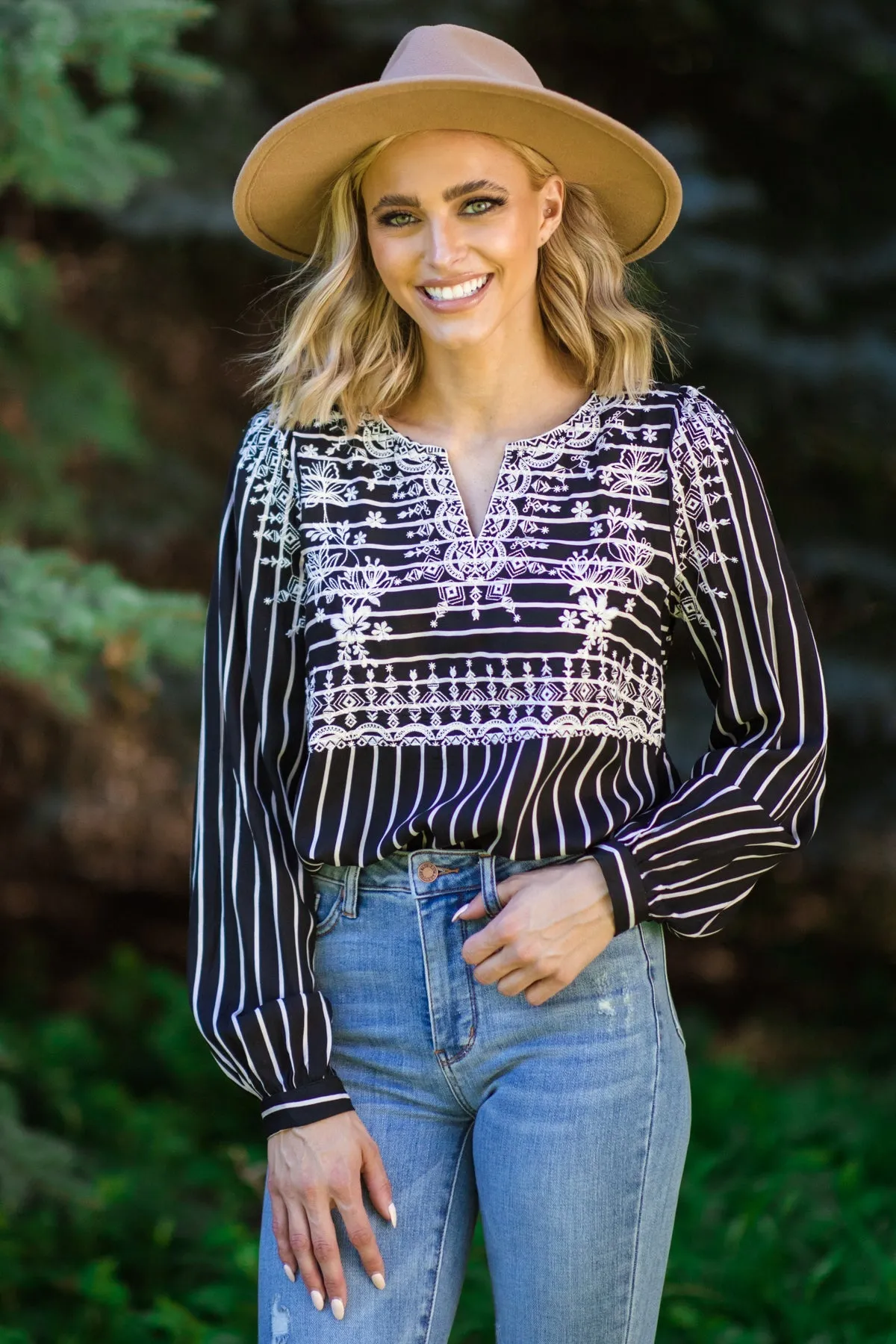 Black and Off White Stripe Embroidered Top