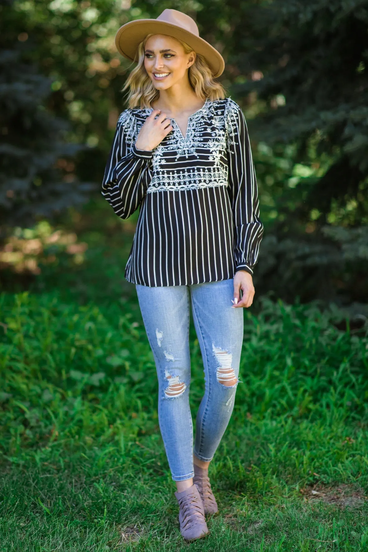 Black and Off White Stripe Embroidered Top