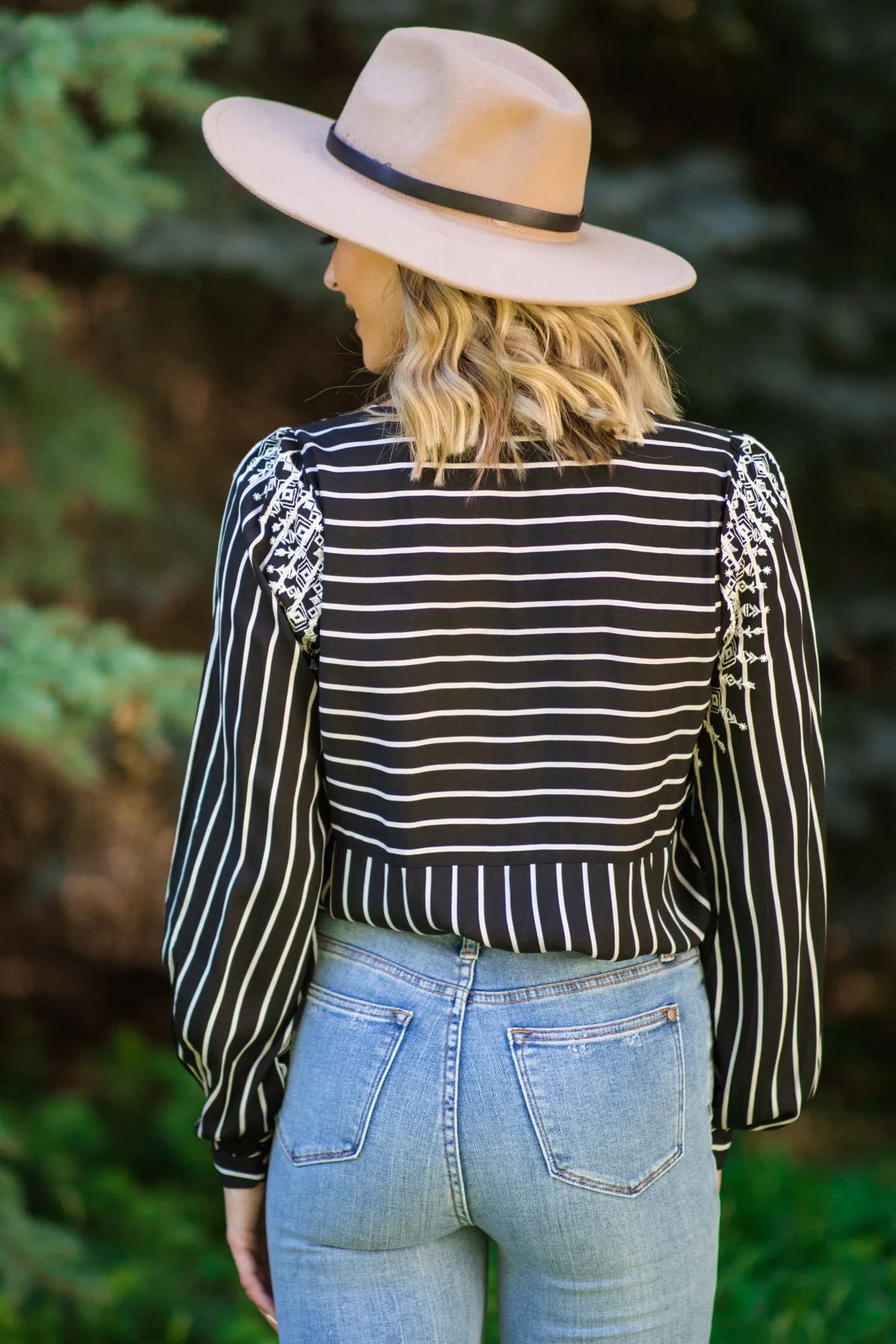 Black and Off White Stripe Embroidered Top