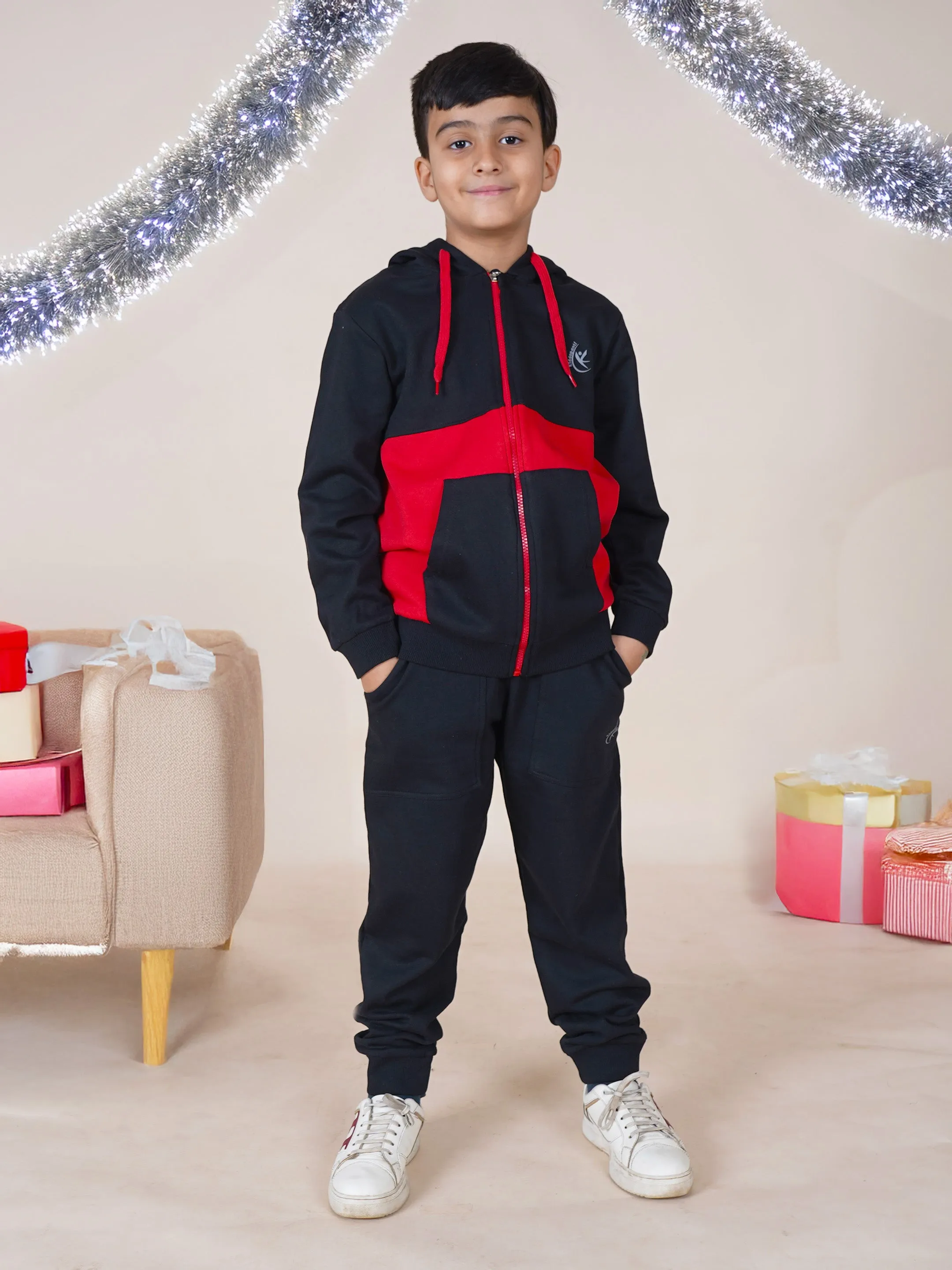 Boys Fleece Full Sleeves Cut & Sew Front Zip Up Hooded Sweatshirt