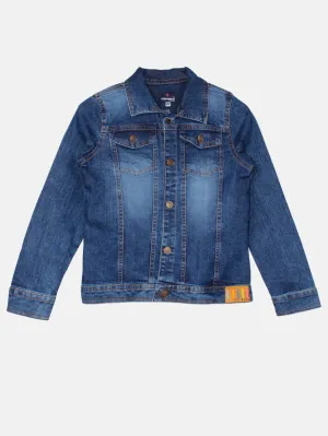 Boys Full Sleeves Solid Denim Jacket With Badge