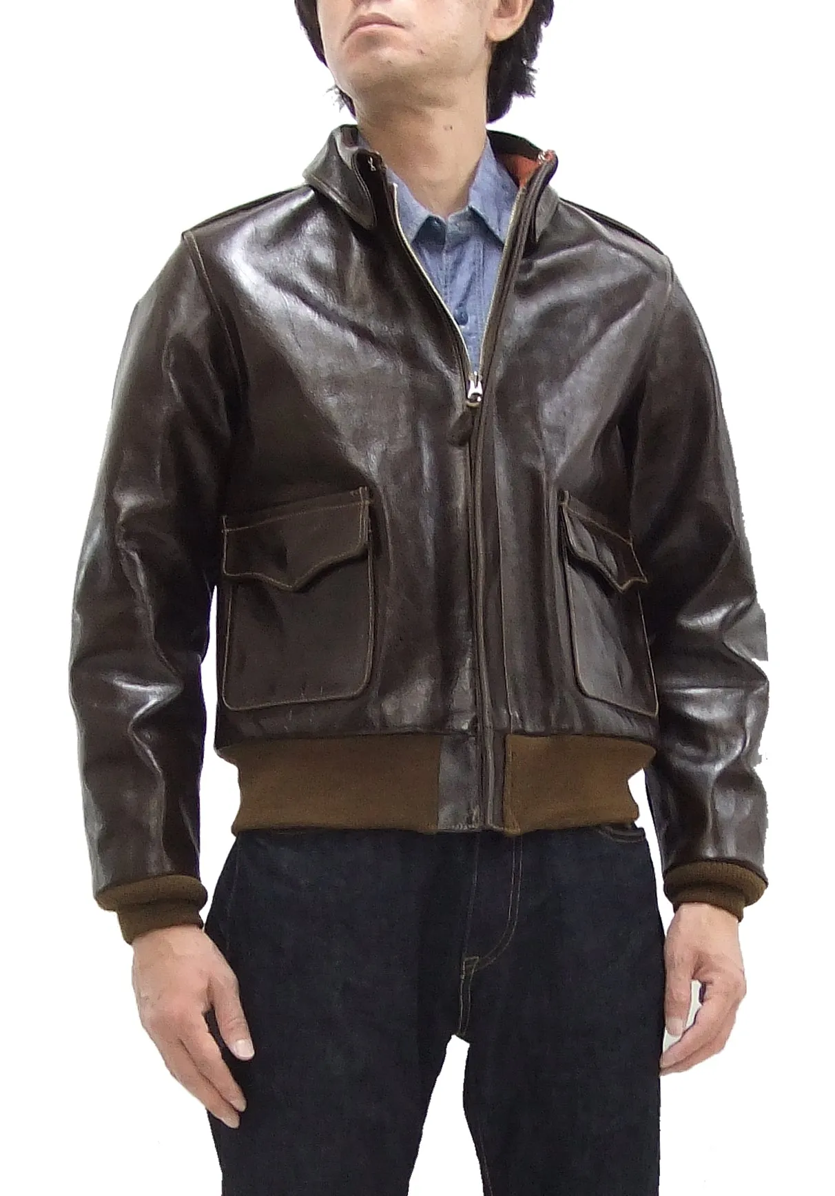 Buzz Rickson Jacket Men's A-2 Flight Jacket Plain A2 Aniline Leather Bomber Jacket BR80593 Seal Brown