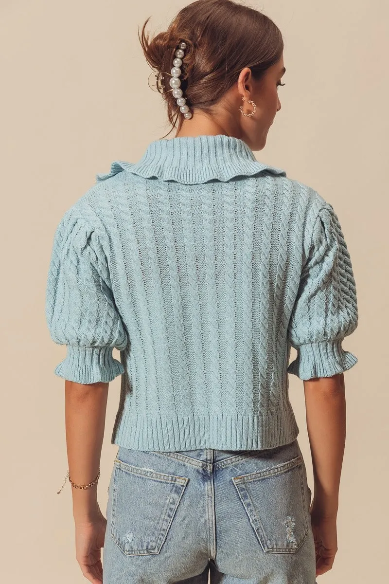 Collared Cable Knit Puff Sleeve Cardigan