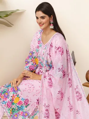 Comfy Pink Pure Cotton Floral Printed Kurta set with Straight Bottom and Flowy Dupatta