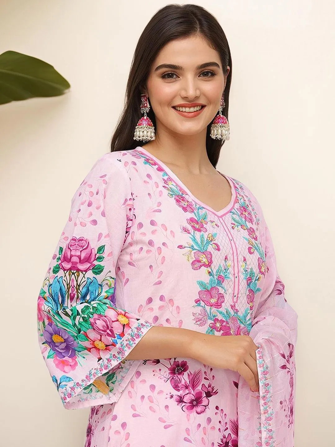 Comfy Pink Pure Cotton Floral Printed Kurta set with Straight Bottom and Flowy Dupatta