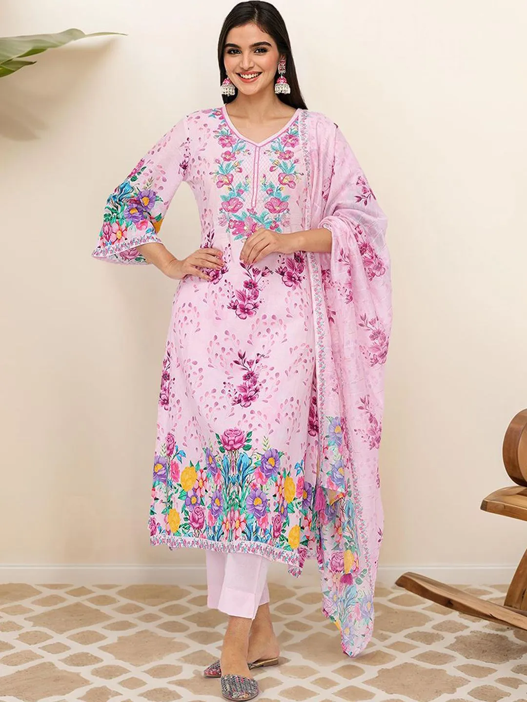 Comfy Pink Pure Cotton Floral Printed Kurta set with Straight Bottom and Flowy Dupatta