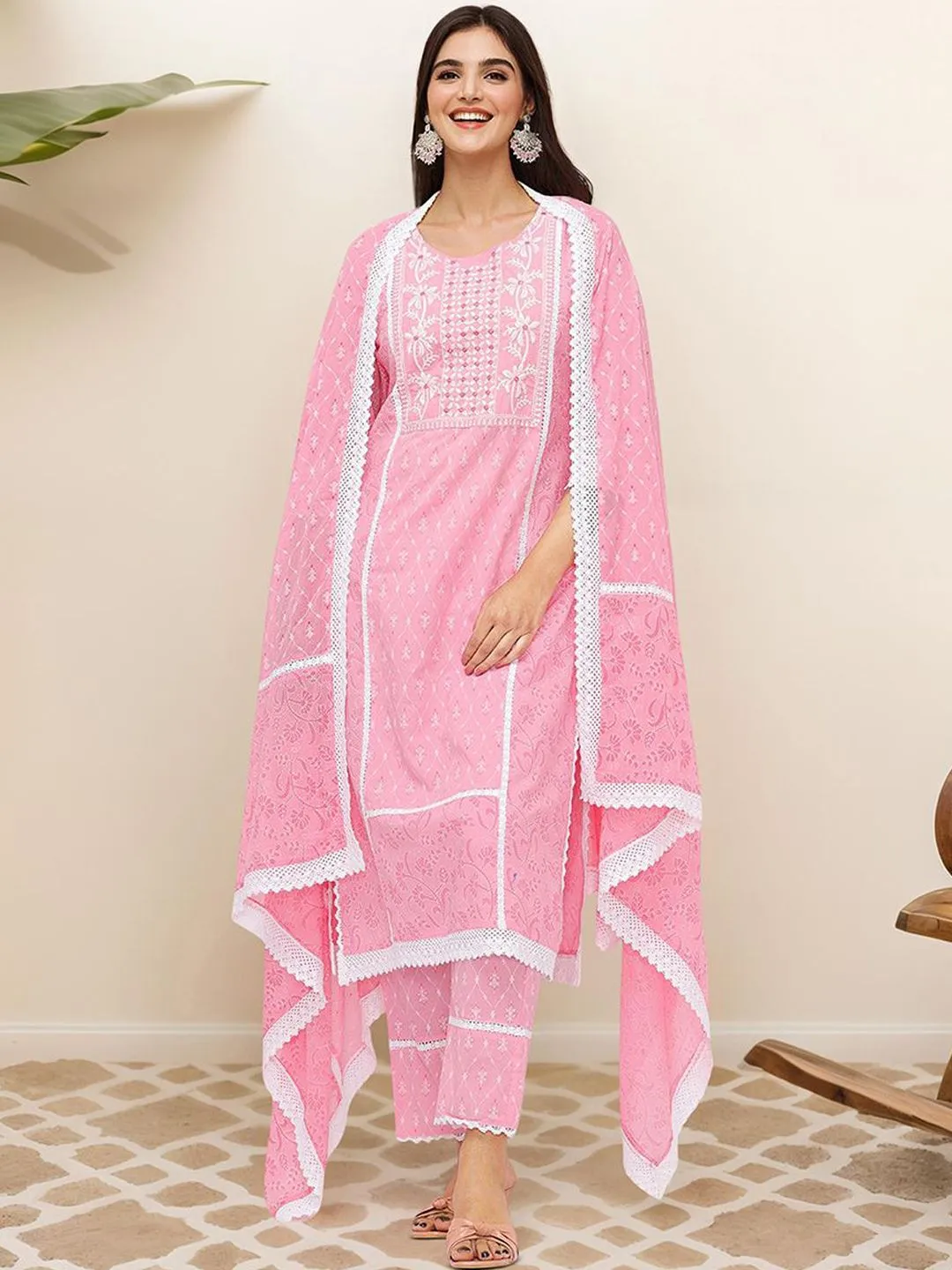 Comfy Pink Pure Cotton Yoke Embroidered Kurta Set with Printed Dupatta and Lace Detailing