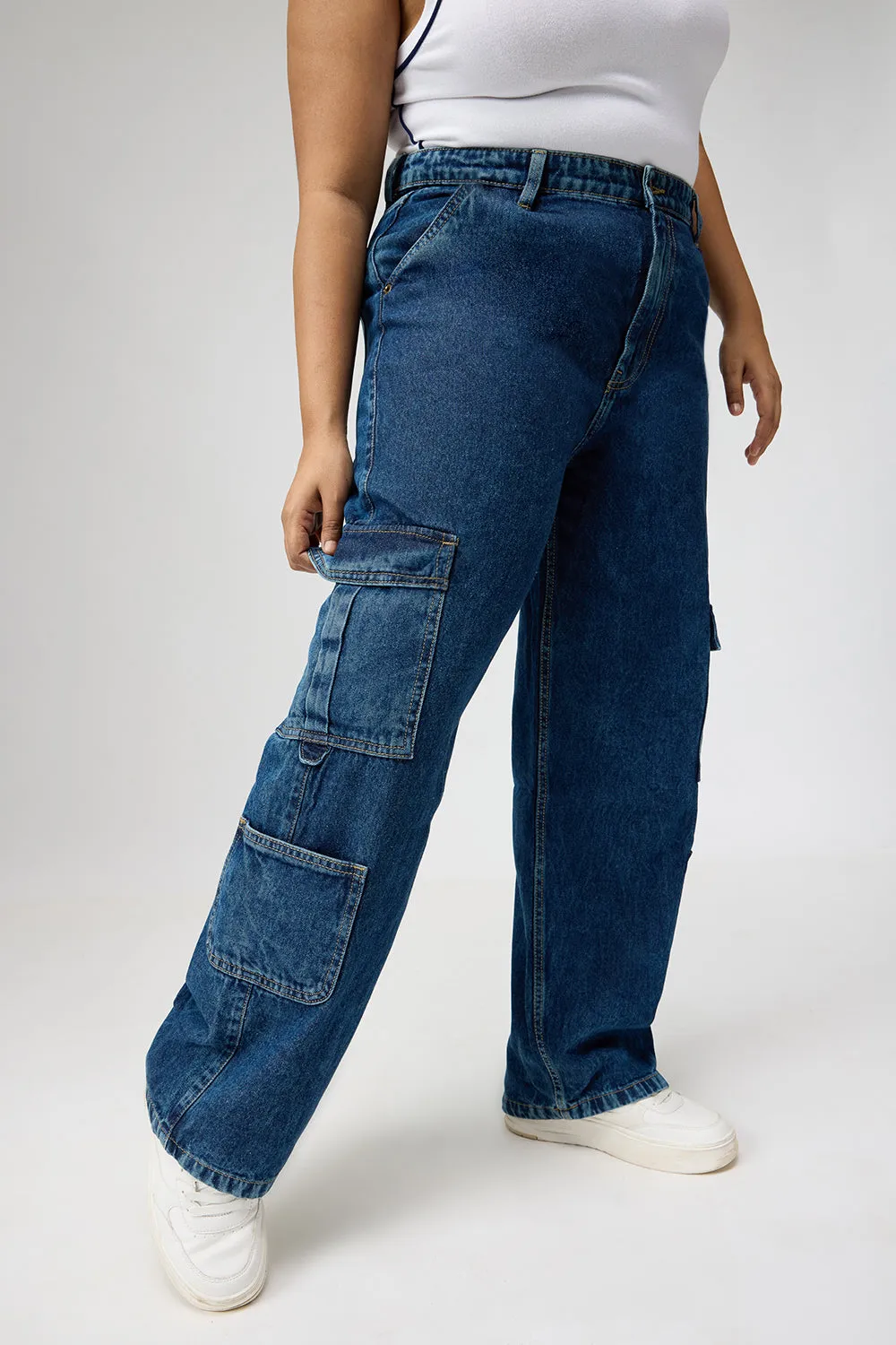 Curve Multi-Pocket Blue Denim Cargo Jeans