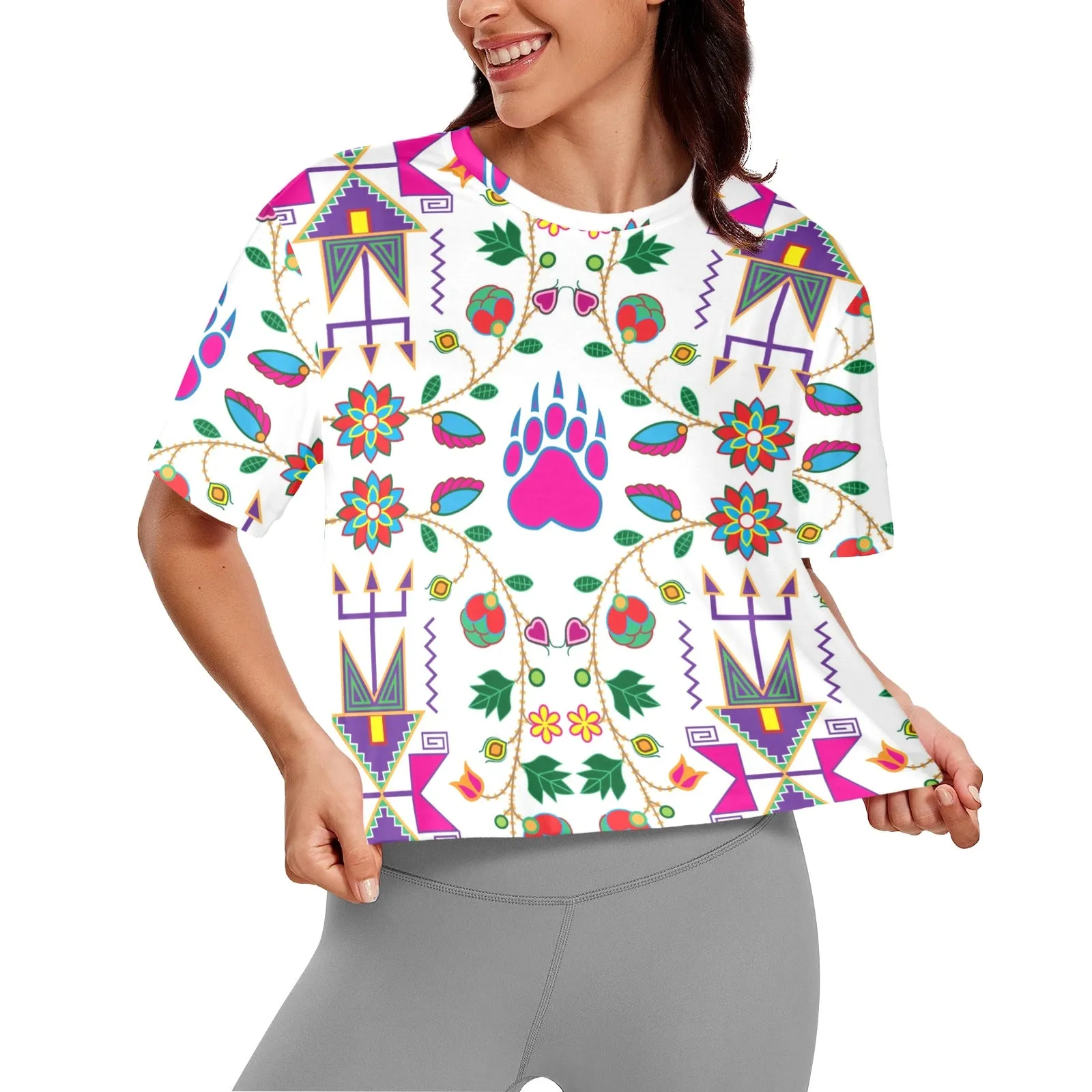 Geometric Floral Fall White Women's Cropped T-shirt