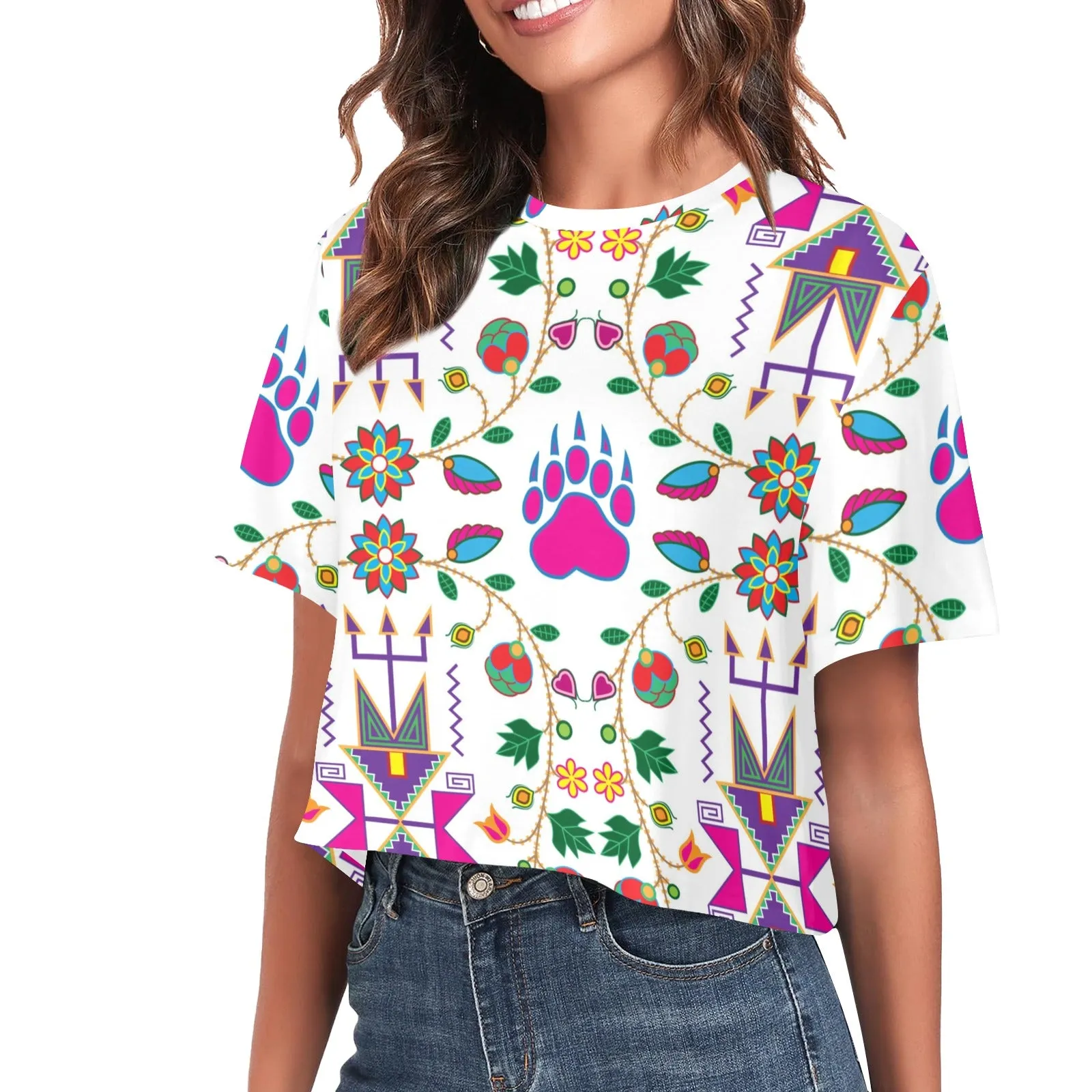 Geometric Floral Fall White Women's Cropped T-shirt