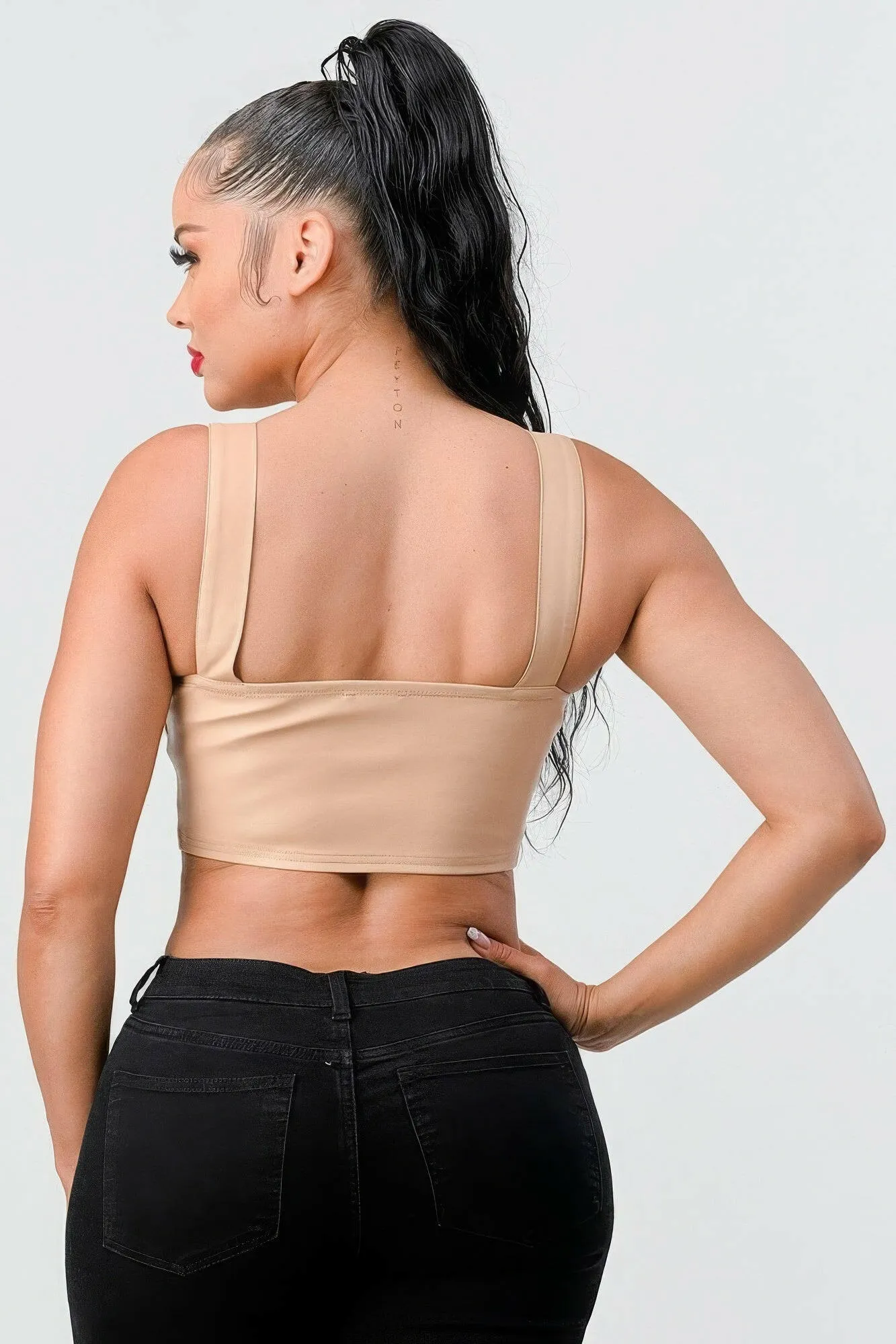 Lux Faux Leather Pu Zipup Strap Sleeveless Cropped Top