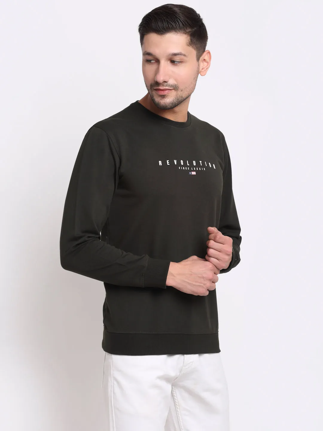 Men Round Neck Full Sleeves Olive Casual Sweatshirt