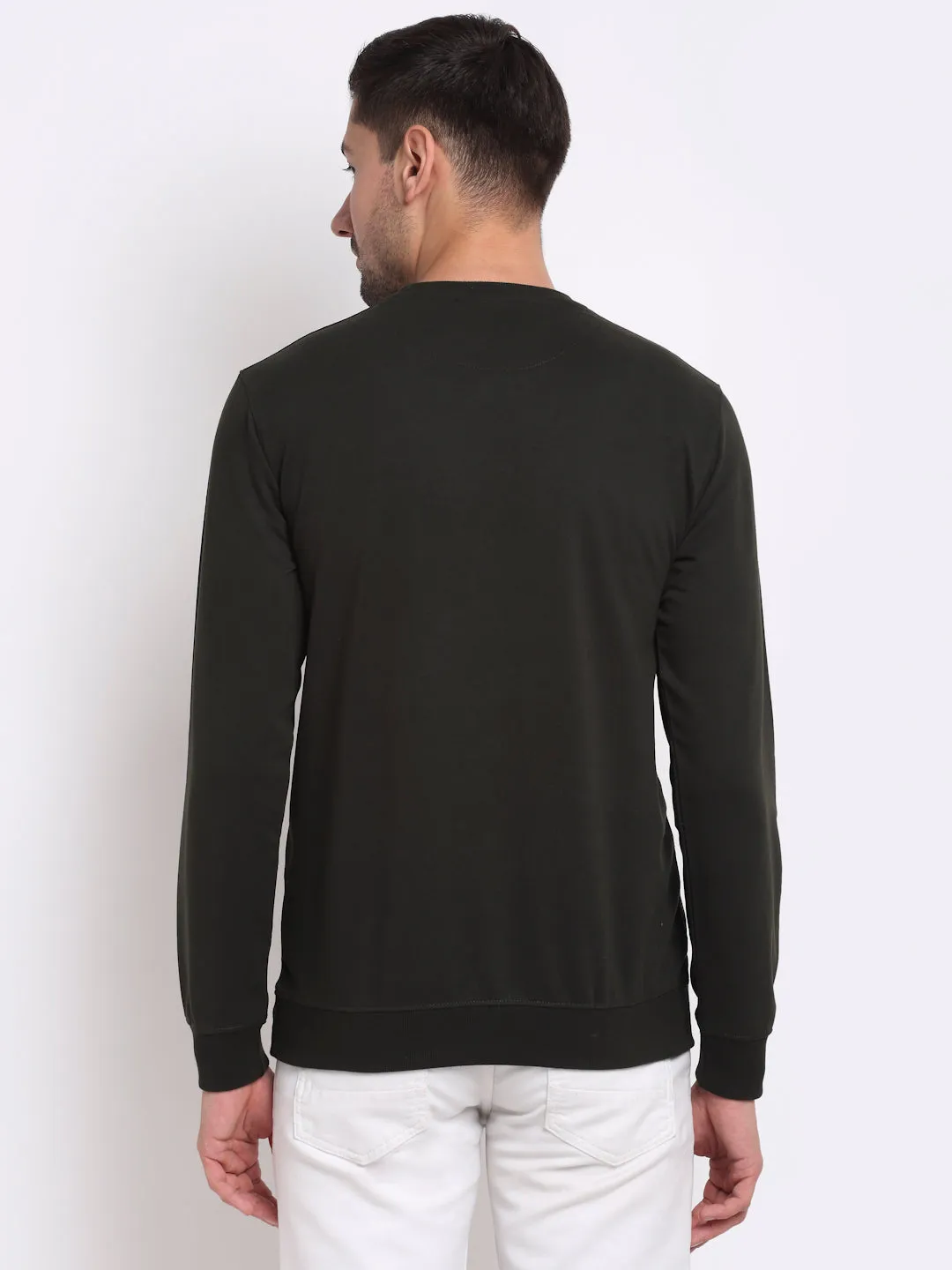 Men Round Neck Full Sleeves Olive Casual Sweatshirt