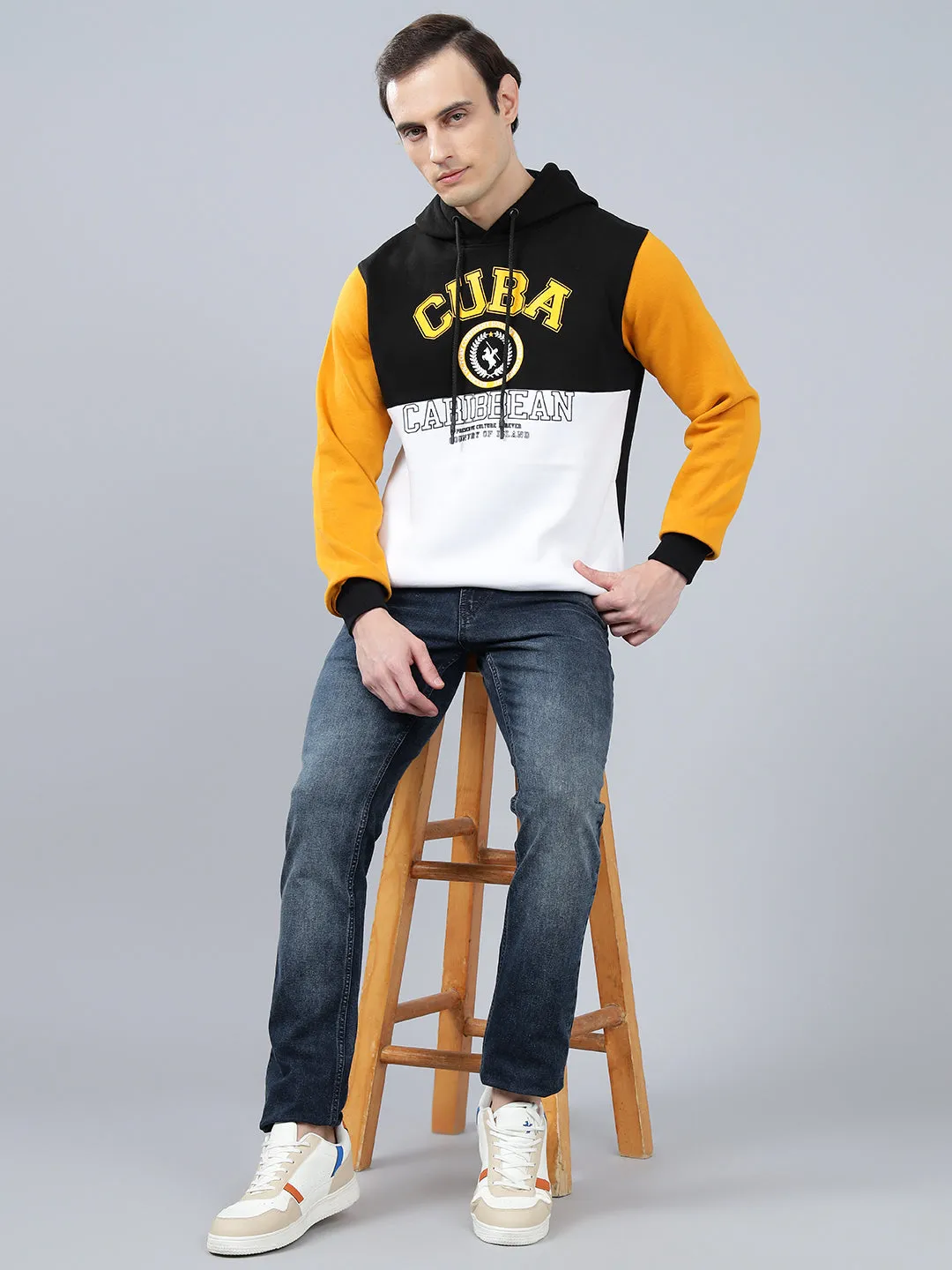 Men's Color Block Mustard Hoody Neck Sweatshirt