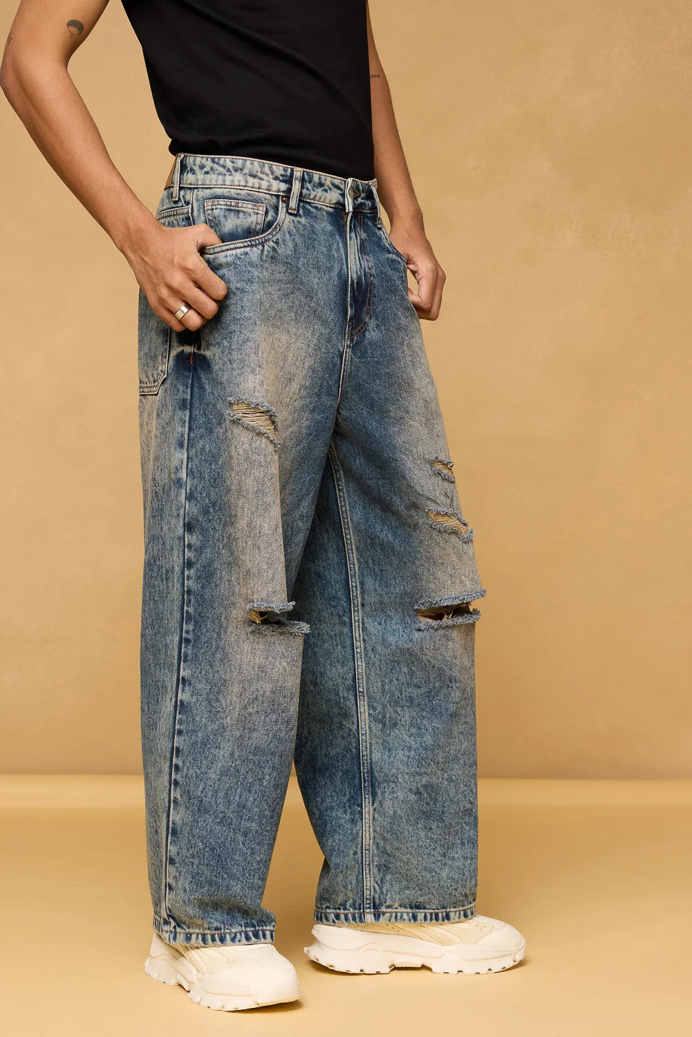 Mid Blue Acid Wash Ripped Men's Wide Leg Jeans