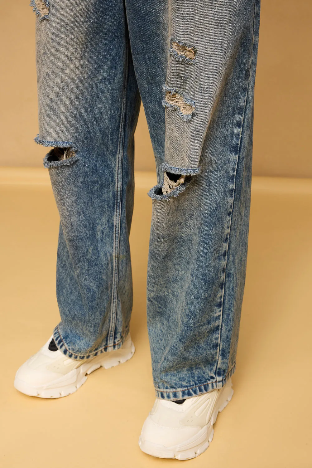 Mid Blue Acid Wash Ripped Men's Wide Leg Jeans