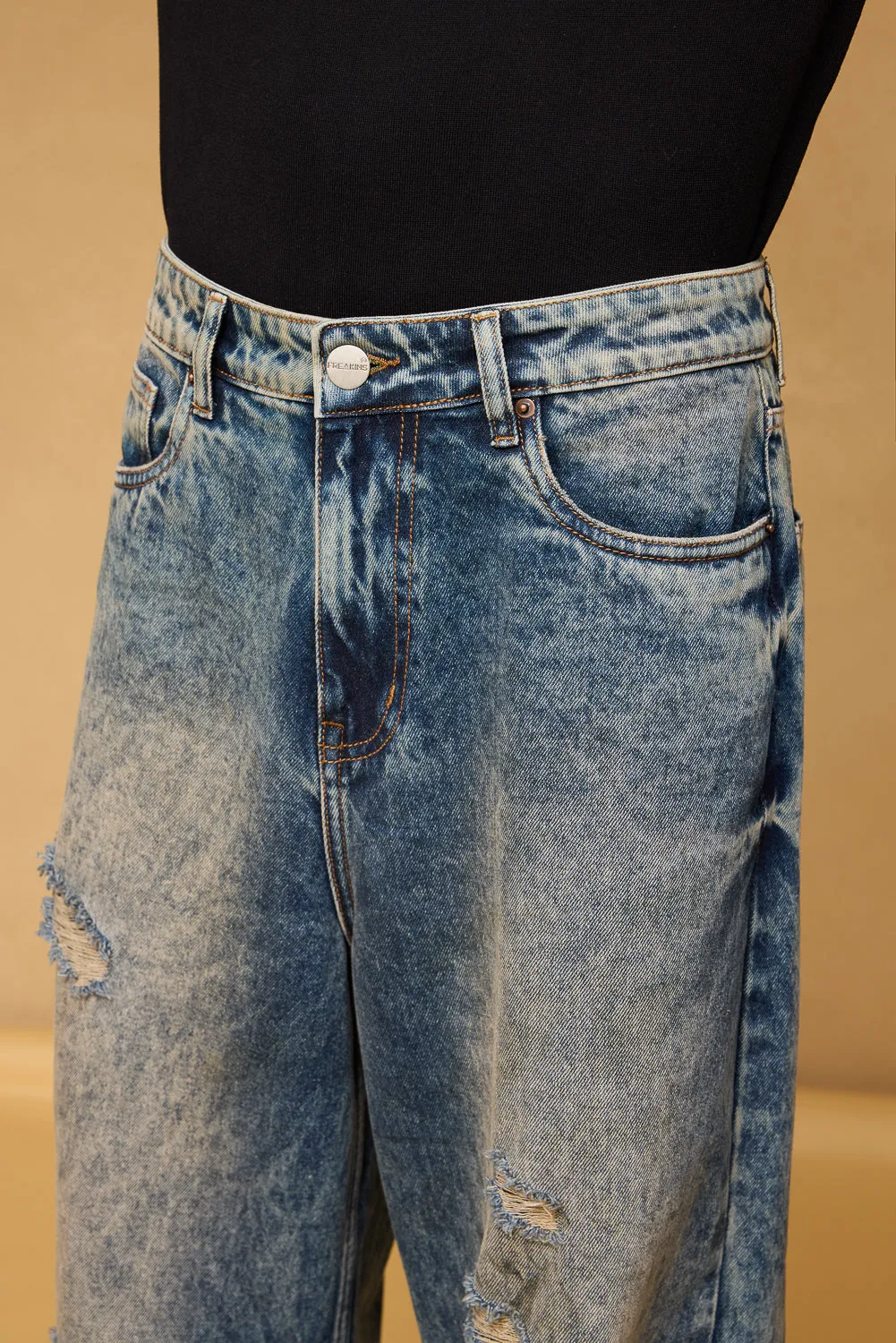 Mid Blue Acid Wash Ripped Men's Wide Leg Jeans