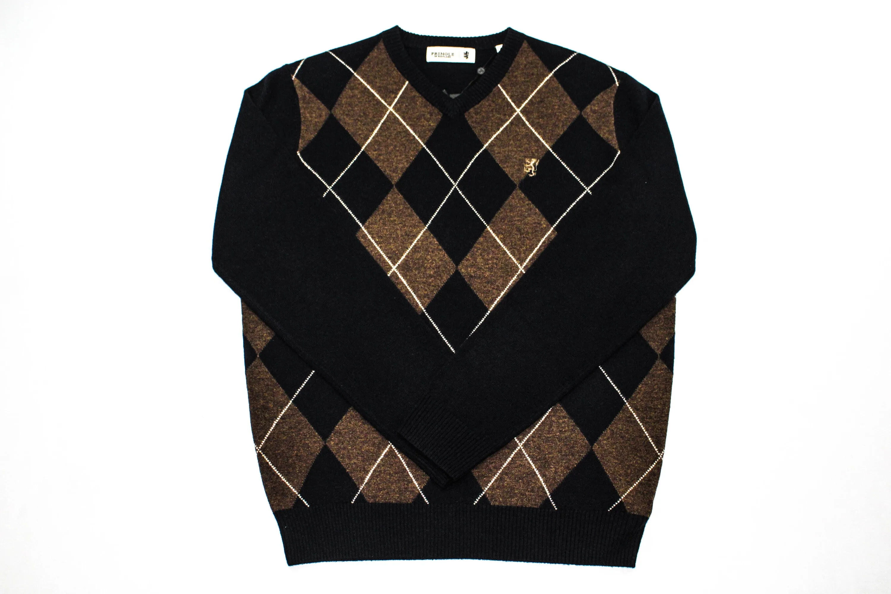 PRINGLE Argyle Knitwear V Neck Navy Brown Lambswool Jersey