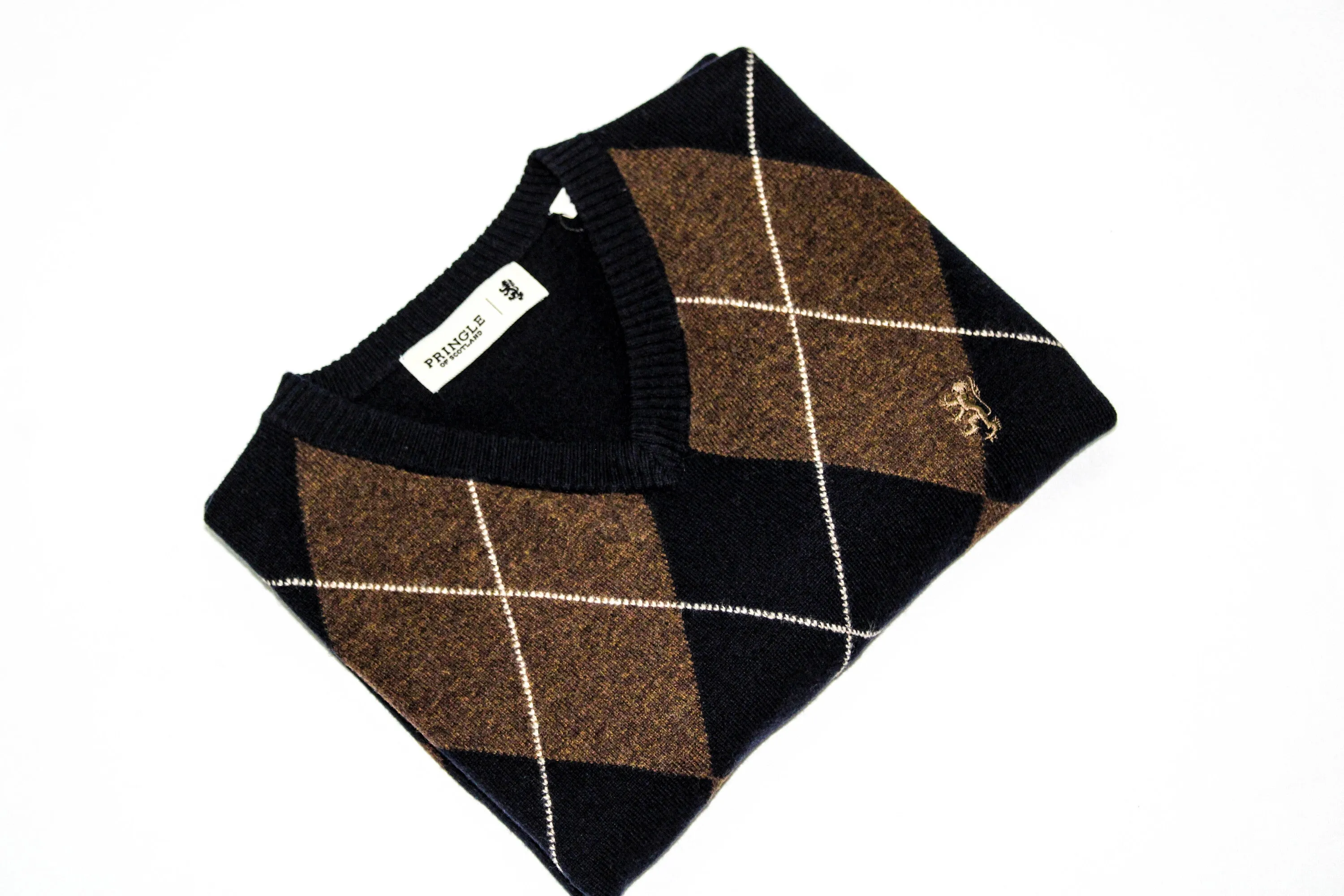 PRINGLE Argyle Knitwear V Neck Navy Brown Lambswool Jersey