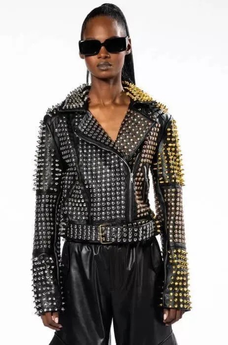 Punk Women's Long Spiked Leather Jacket