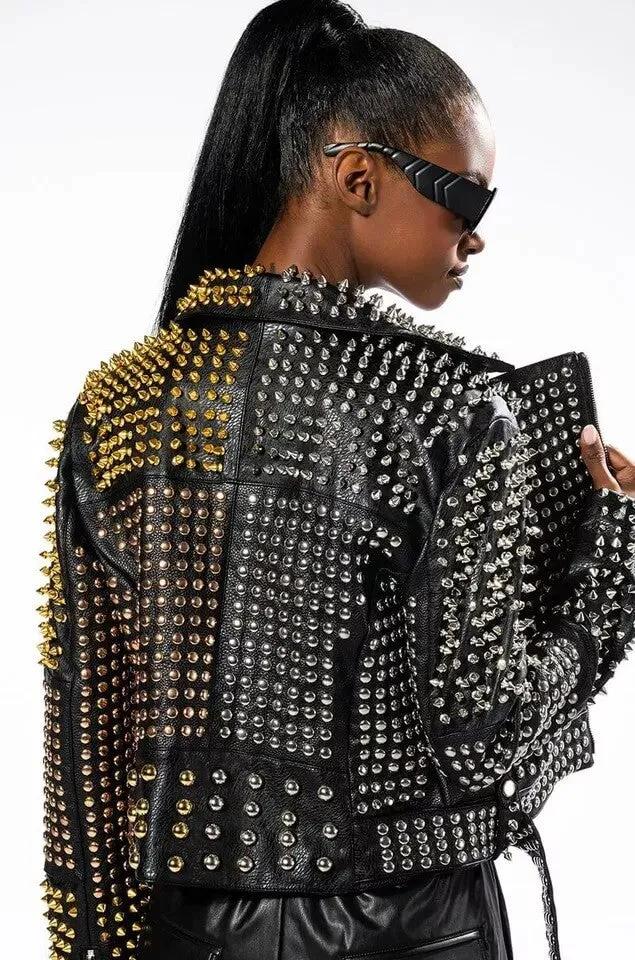 Punk Women's Long Spiked Leather Jacket