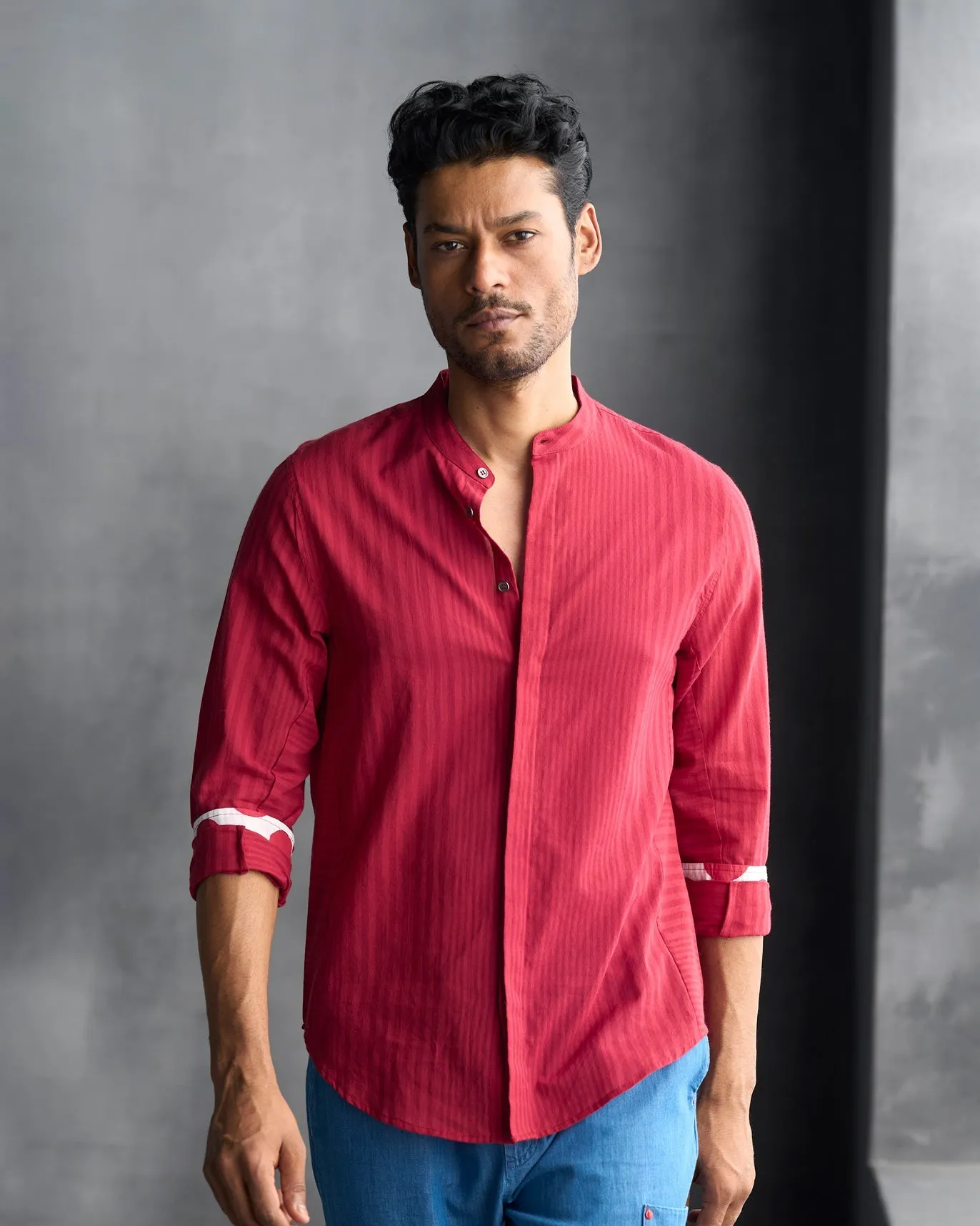 Red colour side panel Cotton Shirt