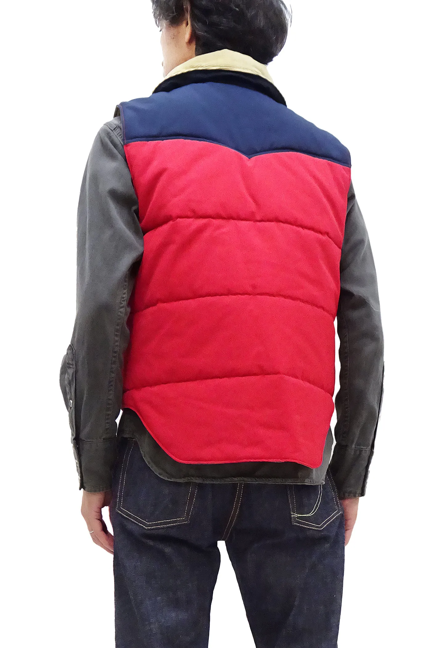 Sugar Cane Puffer Vest Men's Outer Vest Contrast Yoke Panel Padded Vest SC15400 165 Red/Navy-Blue/Beige