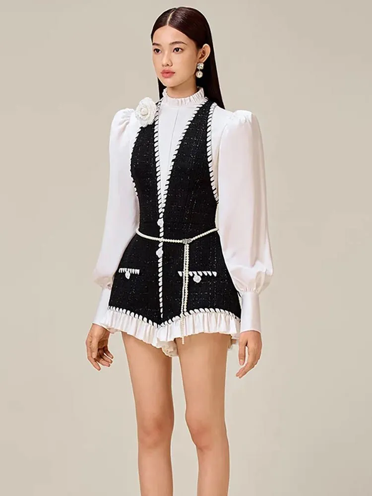 Trendy Patchwork Tweed Playsuit - Autumn Fashion