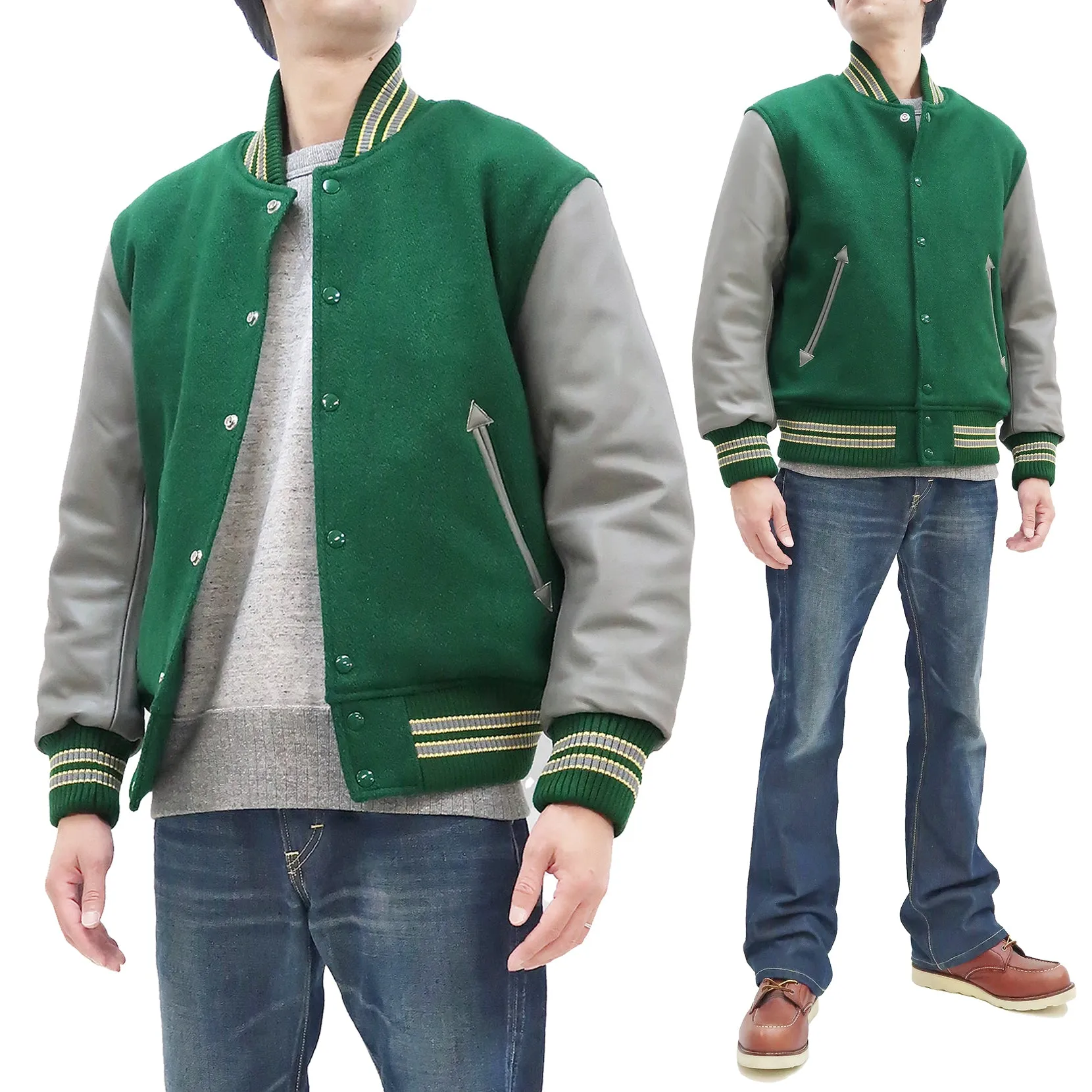 Whitesville Varsity Jacket Men's Plain Letterman Jacket Melton x Leather Solid Award Jacket WV15168 145 Green/Gray