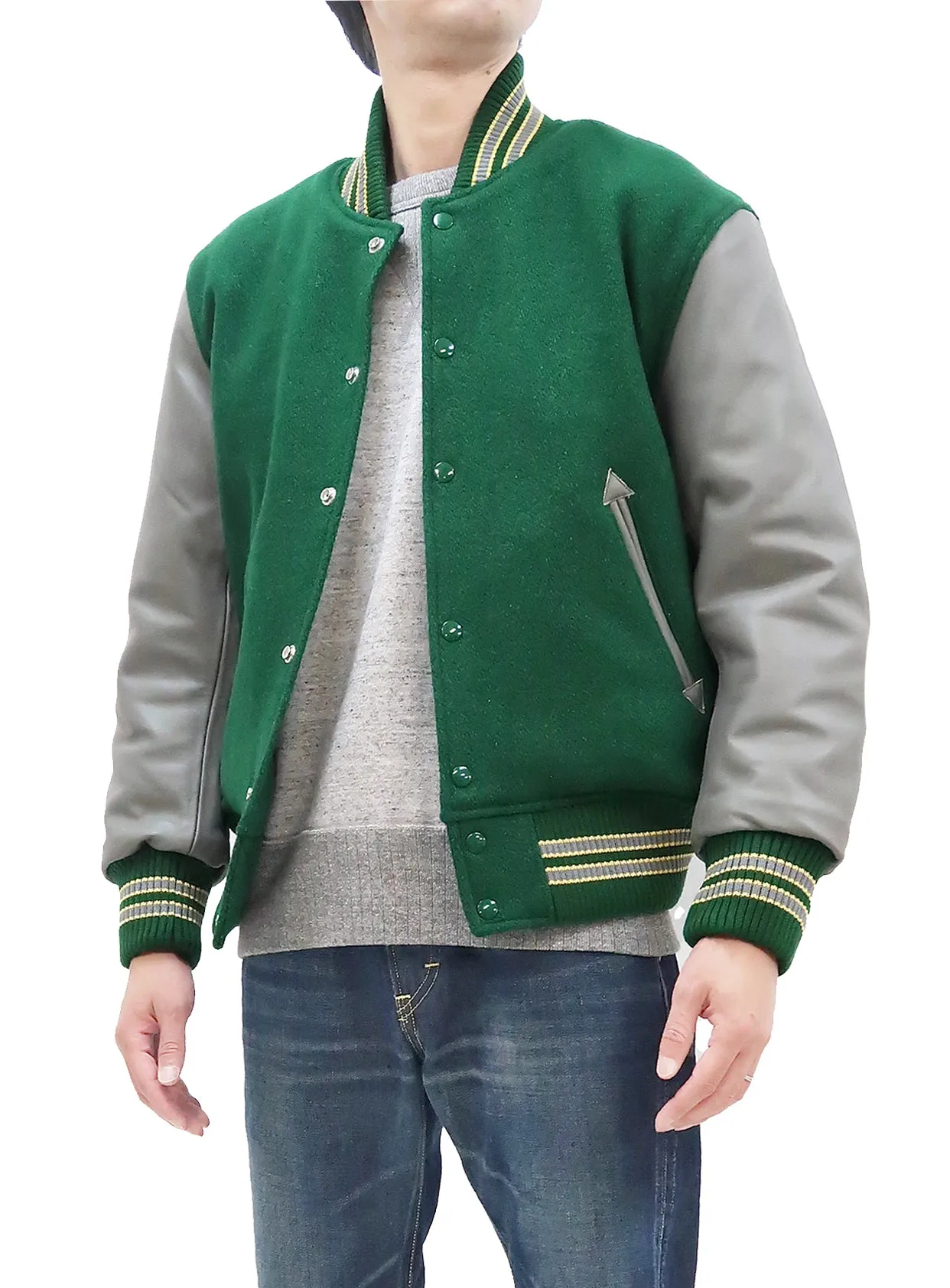 Whitesville Varsity Jacket Men's Plain Letterman Jacket Melton x Leather Solid Award Jacket WV15168 145 Green/Gray