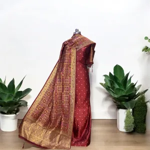 Wine 3-Piece Handloom Katan Soft Silk Banarasi Dress Materials: Luxurious Elegance