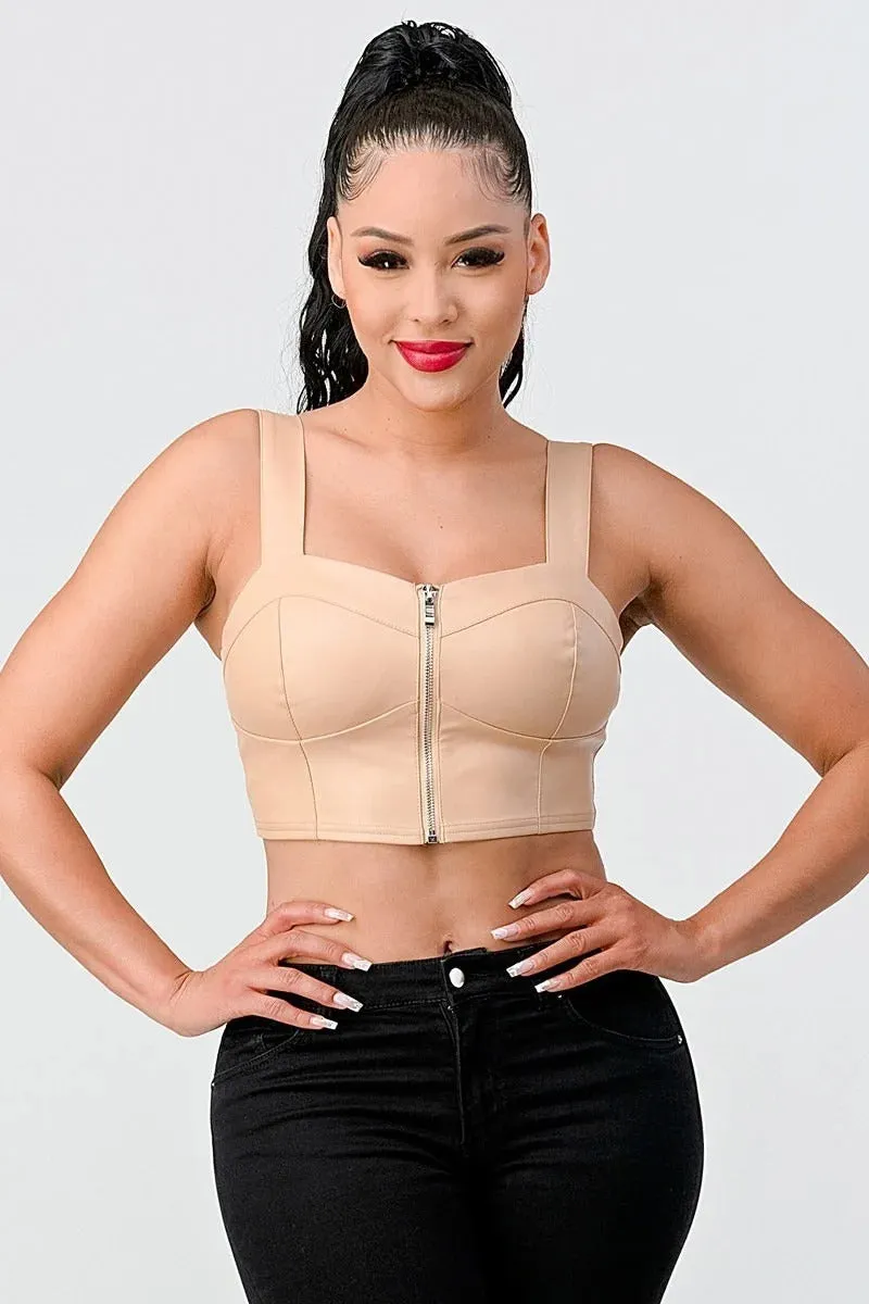 Women's Lux Faux Leather Pu Zipup Strap Sleeveless Cropped Top