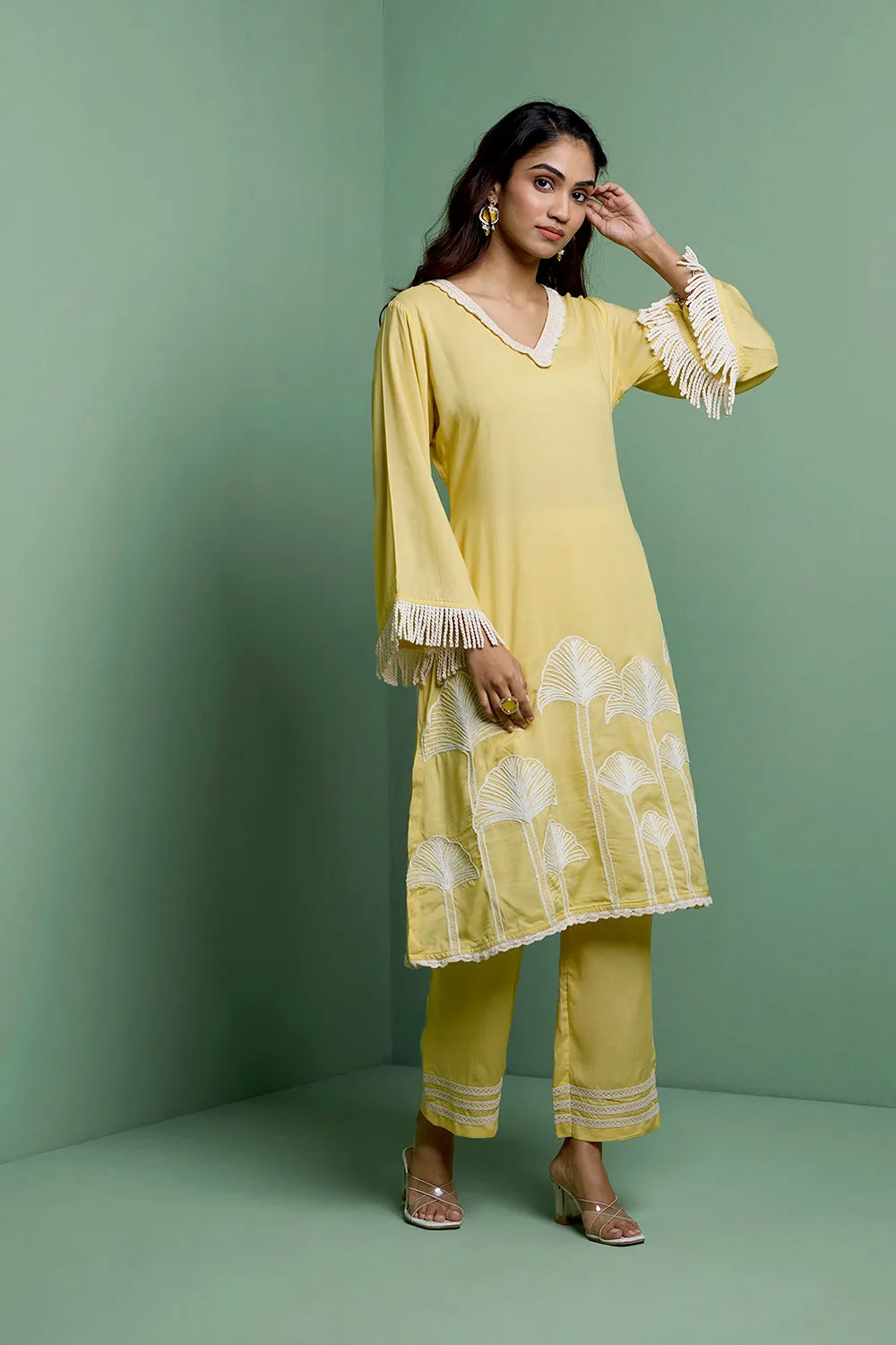 ZAHA - Pastel Yellow Embroidered Two Piece Set