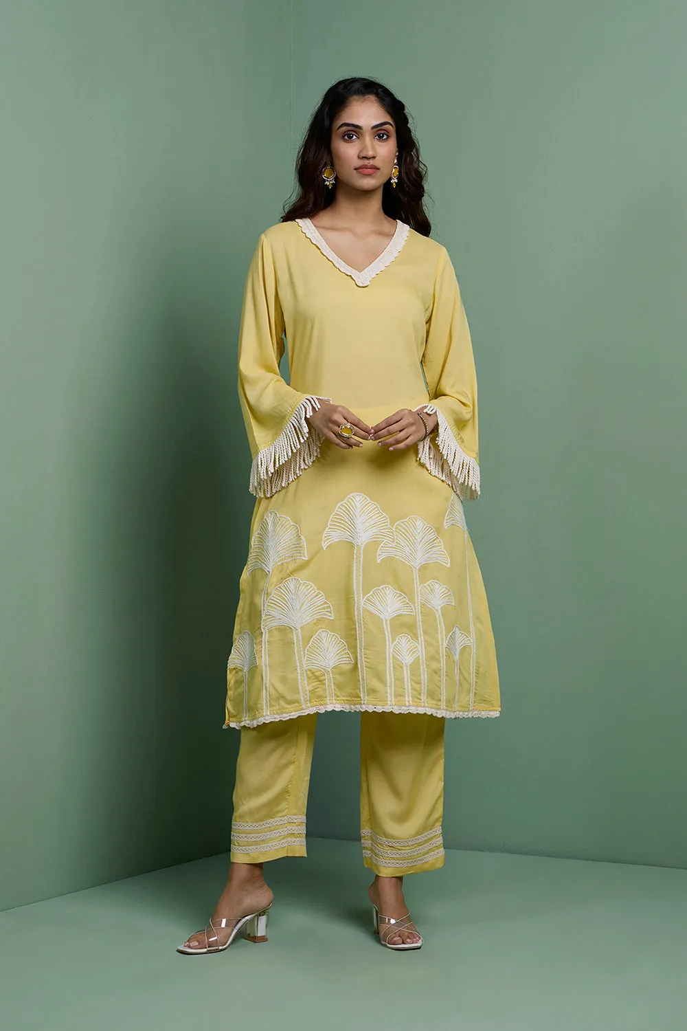 ZAHA - Pastel Yellow Embroidered Two Piece Set